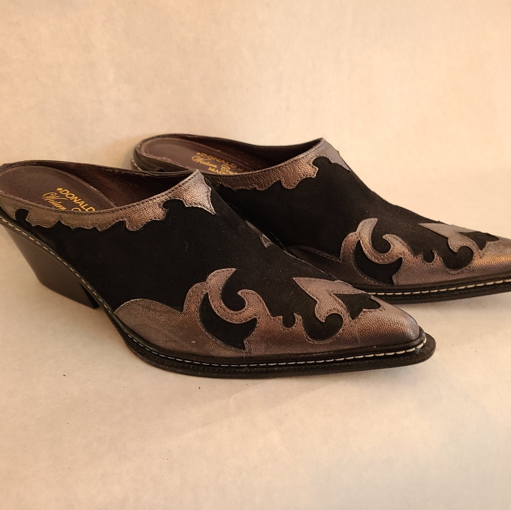 Donald J. Pliner Black Leather Western Mules